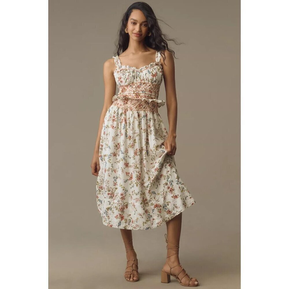 NWT Anthropologie Sleeveless Smocked-Waist Ruffled Midi Dress XL White Floral